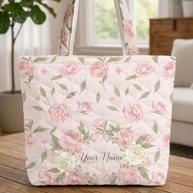 Soft Pink Peony White Rose Bouquet Name Wreath - Everyday Carry Lifestyle Quilted Tote Bag