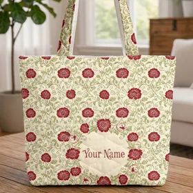 Delicate Red Flower Leaf Vine Botanical Wreath Personalized Name - Everyday Tote Gift Quilted Tote Bag