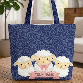 Three Lambs Ribbon Swirling Waves Personalized Baby Nursery Gift for Girls Quilted Tote Bag
