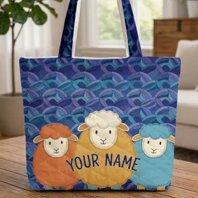 Colorful Three Sheep with Wave Background Storybook Name Lifestyle Gift for Sheep Lover Quilted Tote Bag