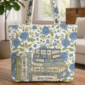 Vintage Books Decorative Spines Blue Roses Butterfly Personalized Scroll - Book Lover Gift Quilted Tote Bag