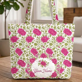 Fuchsia Rose Bloom Olive Leaf Personalized Wreath - Botanical Lover Everyday Carryall Quilted Tote Bag