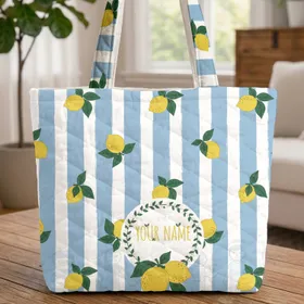 Personalized Lemon Floral Wreath Vertical Stripes - Everyday Lifestyle Gift Quilted Tote Bag
