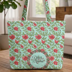 Ornate Floral Wreath Name Text Continuous Flower Clusters - Everyday Use Gift Quilted Tote Bag