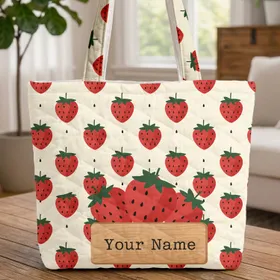 Focal Strawberries Your Name Wooden Sign - Farmhouse Everyday Tote Quilted Tote Bag