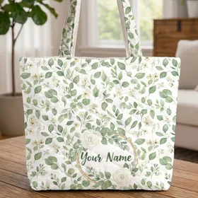 Ornate White Rose Eucalyptus Wreath Wildflower Name - Nature Inspired Everyday Gift Quilted Tote Bag