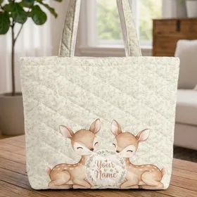 Personalized Baby Deer Botanical Vines Floral Wreath - Everyday Wildlife Gift Quilted Tote Bag