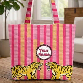 Roaring Tigers Pink Orange Stripes - Wildlife Lover Travel Essential Gift Quilted Tote Bag