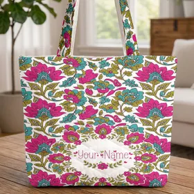 Ornate Indian Floral Leaves Wreath - Personalized Everyday Carry Gift Quilted Tote Bag