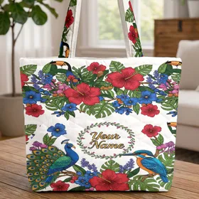 Peacock Kingfisher Tropical Hibiscus Personalized Name - Wildlife Lover Gift Quilted Tote Bag