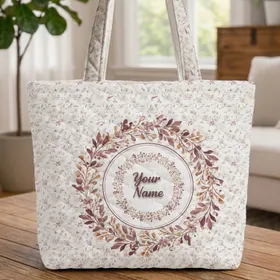 Botanical Wreath Name Circular Floral Leaves Berries - Thoughtful Keepsake Gift Quilted Tote Bag