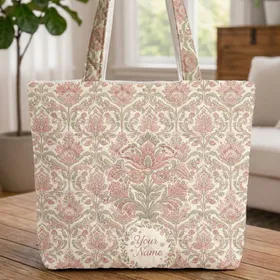 Block Print Botanical Floral Wreath Name Calligraphy - Everyday Tote Gift for Her Quilted Tote Bag