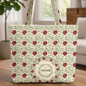 Deep Red Trumpet Flower Green Berry Vine Floral Wreath - Everyday Gift for Her Quilted Tote Bag