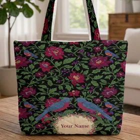 Crimson Steel Blue Songbirds Botanical Floral Wreath Name - Personalized Everyday Gift Quilted Tote Bag