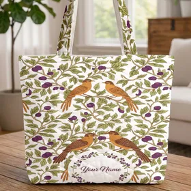 Chinoiserie Birds Flowering Branches Plum Berries - Wildlife Lover Gift Quilted Tote Bag