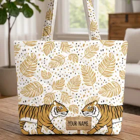 Tigers Jungle Leaves Personalized Name Sign - Storybook Wildlife Lover Gift Quilted Tote Bag