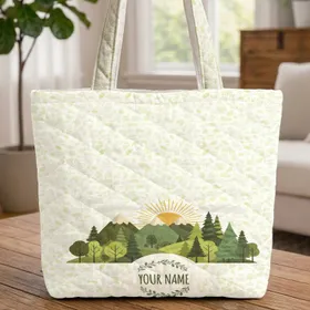 Trees Mountain Sun Forest Landscape - Personalized Nature Lover Gift Quilted Tote Bag