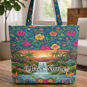 Tropical Waterfall Sunset Hibiscus Palm Birds of Paradise Floral Wreath - Tropical Lifestyle Gift Quilted Tote Bag