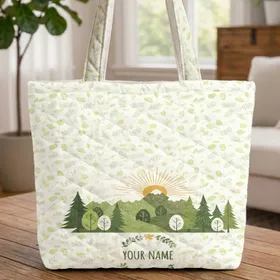 Trees Mountain Sun Forest Landscape - Personalized Nature Lover Gift Quilted Tote Bag