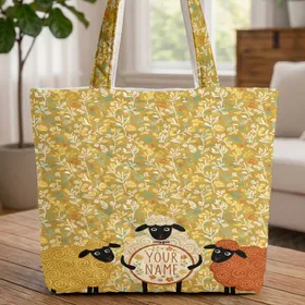 Sheep Botanical Folk Art Name Hoop - Personalized Gift Quilted Tote Bag