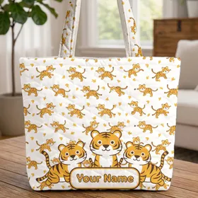 Personalized Vintage Enamel Plaque with Cartoon Tigers - Wildlife Lover Gift Quilted Tote Bag