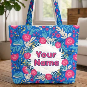 Pink Red Teal Yellow Blossom Flower Leaf Berry Botanical Wreath Everyday Use Quilted Tote Bag