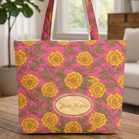 Ornate Marigold Floral Wreath Name - Boho Lifestyle Everyday Use Gift for Women Quilted Tote Bag