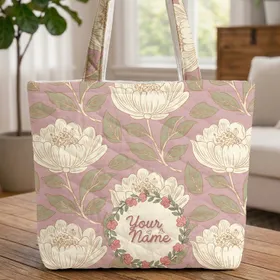Large Floral Leaves Lush Pink Blossom Green Leaf Wreath - Everyday Tote Gift Quilted Tote Bag