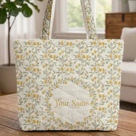 Botanical Sprigs Wreath Personalized Name Everyday Carry Gift Quilted Tote Bag