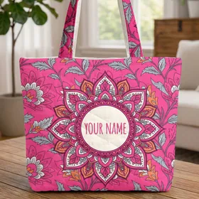 Indian Floral Storybook Name - Boho Lifestyle Gift Quilted Tote Bag
