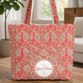 Your Name Floral Medallion Paisley Botanical - Lifestyle Accessory Present Quilted Tote Bag