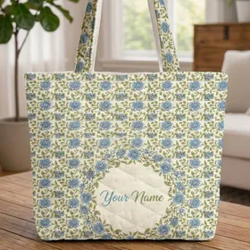 Indian Blue Floral Wreath Personalized Name - Botanical Lover Everyday Gift Quilted Tote Bag