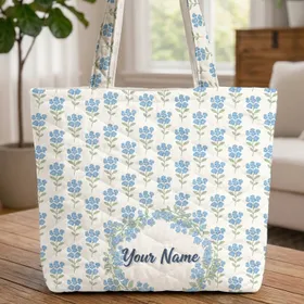 Blue Flowers Green Leaves Personalized Wreath - Everyday Lifestyle Gift Quilted Tote Bag