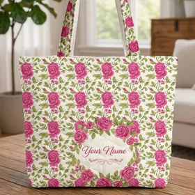 Personalized Garden Floral Wreath Blossoms Berries Foliage Calligraphy Everyday Tote Quilted Tote Bag