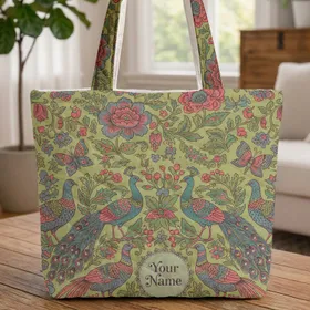 Ornate Peacocks Pheasants Butterflies Botanical Flowers - Wildlife Lover Gift Quilted Tote Bag