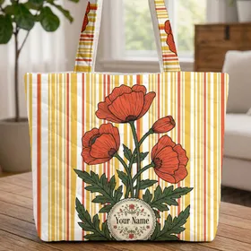 Poppy Flowers Medallion Vertical Stripes - Botanical Lover Everyday Use Gift Quilted Tote Bag