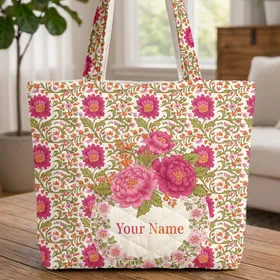 Ornate Floral Bouquet Wreath Chrysanthemum Berry - Boho Lifestyle Gift Quilted Tote Bag
