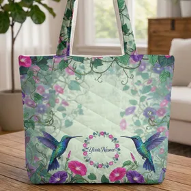 Personalized Iridescent Hummingbirds Morning Glory Botanical Garden - Nature Lover Gift Quilted Tote Bag