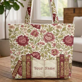 Botanical Floral Library Books Journal - Book Lover Farmhouse Home Decor Gift Quilted Tote Bag