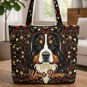 Bernese Mountain Dog Black Red Gold Floral Filigree Vines - Dog Lover Gift Quilted Tote Bag