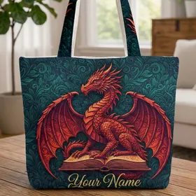 Fantasy Dragon Antique Book - Mythical Creature Gift for Storyteller Quilted Tote Bag