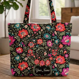 Fuchsia Red-Orange Teal Botanical Wreath Personalized Name - Everyday Tote Gift Quilted Tote Bag