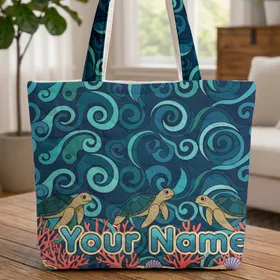 Three Sea Turtles Coral Starfish Ocean Waves - Underwater Ocean Lover Beach Trip Gift Quilted Tote Bag