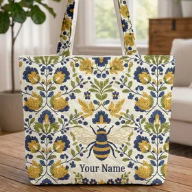 Large Winged Bumblebee Blue Yellow Flowers Wreath - Everyday Tote Wildlife Lover Gift Quilted Tote Bag