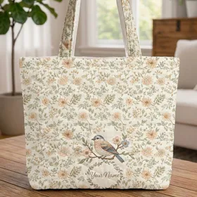 Bird Flowering Branch Daisy Berry Floral Wreath - Everyday Carry Gift Quilted Tote Bag