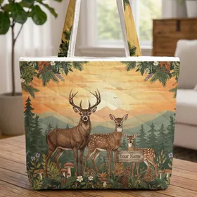 Fawn Deer Family Mountain Sunset - Nature Lover Farmhouse Decor Gift Quilted Tote Bag