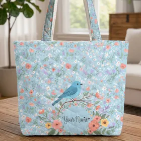 Personalized Bluebird Wildflower Name - Everyday Tote Gift for Bird Lovers Quilted Tote Bag
