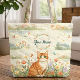 Orange Tabby Cat Wildflower Meadow Mountain Lake Butterflies Personalized Name - Cat Lover Gift Quilted Tote Bag
