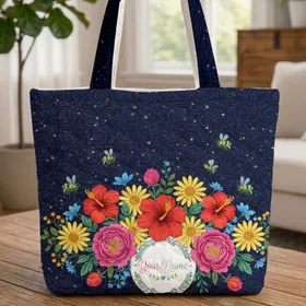 Personalized Hibiscus Peonies Daisies Bouquet Bees Everyday Use Gift for Flower Lovers Quilted Tote Bag