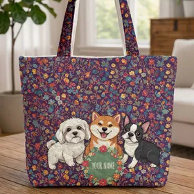 Maltipoo Shiba Boston Terrier Dogs Floral Wreath - Everyday Tote Dog Lover Gift Quilted Tote Bag